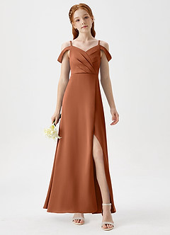 Azazie Ocean Junior Copper A-Line Off the Shoulder Stretch Satin Dress image4