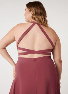 Azazie Clarice Vestidos de damas de honor Vestido de Merlot de Gasa de Corte en A con Halter image10