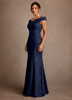 Azazie Aberdeen Mother of the Bride Dresses Dark Navy Sheath Pleated Floral Burnout Dress image4