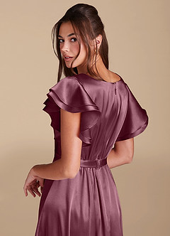 Azazie Daphne Modest Bridesmaid Dresses A-Line Ruched Metallic Satin Floor-Length Dress image6