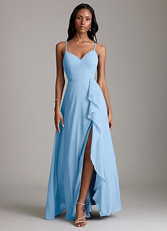 Azazie Naeem Robes de demoiselle d'honneur Robe Trapèze en Mousseline de soie Col V à volants Poudre Bleue image1