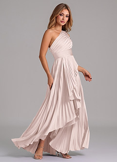 Azazie Lyrica Bridesmaid Dresses Blushing Pink A-Line One Shoulder Stretch Satin Dress image3