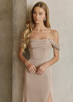 Azazie Saige Bridesmaid Dresses Taupe Sheath Off the Shoulder Stretch Satin Dress image9