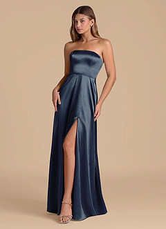 Azazie Wren Brudtärnklänningar Klä av A-Linje i Metallisk satin Axelbandslös Mörk Marinblå image3