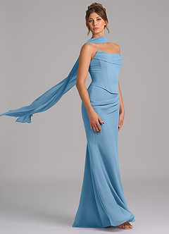 Azazie Sorrel Vestidos de damas de honor Vestido de Azul Acero de Gasa de Corte Sirena con Corsé image3