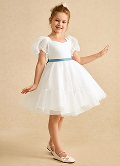 Azazie Debbie vestidos de niña de las flores Vestido de Marfil Azul Malhumorado de Organza de Princesa con Escote de Corazón image4