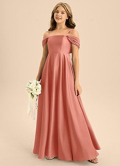 Azazie Rowena Junior Salmon Pink A-Line Bow Stretch Satin Dress image7