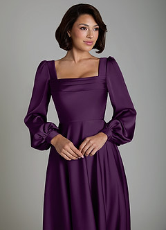 Azazie Solana Bridesmaid Dresses Grape A-Line Long Sleeve Stretch Satin Dress image3