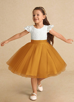 Azazie Vetty Flower Girl Dresses Ivory Butterscotch A-Line Lace Tulle Dress image5