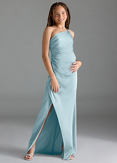 Azazie Eren Junior Moody Blue Sheath Pleated Stretch Satin Dress image3