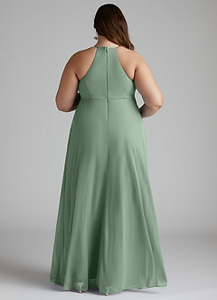 Azazie Annabelle At-home Try On Dresses A-Line V-Neck Pleated Mesh Floor-Length Dress image8