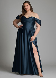 Azazie Loisa Vestidos de damas de honor Vestido Azul Marino Oscuro de Satén Elástico de Línea A con Hombros descubiertos image12