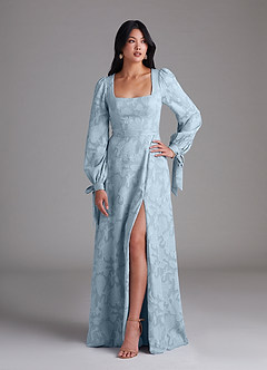 Azazie Leonia Bridesmaid Dresses Sky Blue A-Line Long Sleeve Floral Burnout Dress image1
