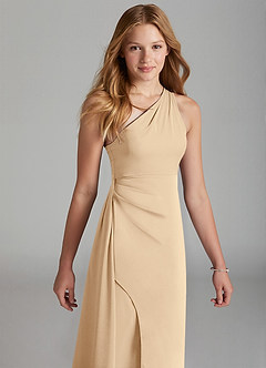 Azazie Maron Junior Champagne A-Line Pleated Stretch Satin Dress image3