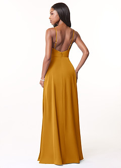 Azazie Brielle Bridesmaid Dresses Butterscotch A-Line Cowl Spaghetti Straps Stretch Satin Dress image2