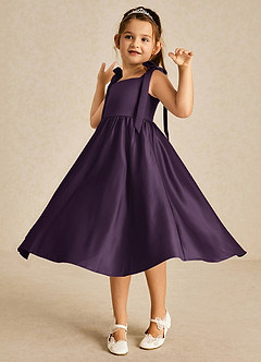 Azazie Chelsie Flower Girl Dresses Plum A-Line Bow Matte Satin Dress image3