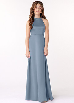 Azazie Laurel Junior Dusty Blue A-Line Matte Satin Dress image1