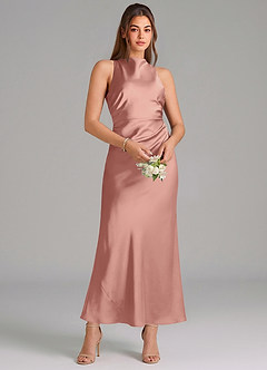 Azazie Evadne Vestidos de damas de honor Vestido de Rosetón de Satén Elástico de Corte Recto con Plisado image3