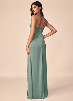 Azazie Aqua Robes de demoiselle d'honneur Robe Trapèze en Satin extensible Col V plissé Sauge D'argent image3