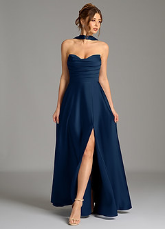 Azazie Ayla Vestidos de damas de honor Vestido Azul Marino Oscuro de Satén Elástico de Línea A con Corsé image1