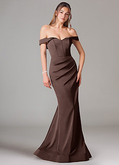 Azazie Everly Robes de demoiselle d'honneur Robe Sirène Convertible en Satin extensible Épaule décolletée Ganache image1