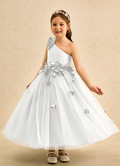 Azazie Strudel vestidos de niña de las flores Vestido de Blanco de Tul de Corte Princesa con Hombro unilateral image4