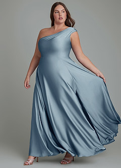 Azazie Melanie Bridesmaid Dresses Dusty Blue A-Line Off the Shoulder Stretch Satin Dress image10
