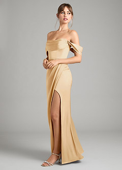 Azazie Johana Bridesmaid Dresses Gold Mermaid Off the Shoulder Stretch Satin Convertible Dress image7