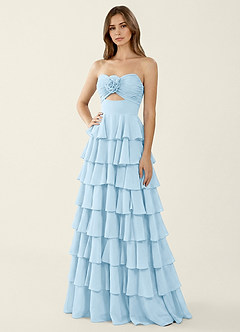 light blue chiffon prom dress Orange A Line Strapless Chiffon Beaded Corset Long Prom Dress With Slit, Sky Blue / 16