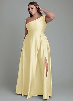 Azazie Melanie Bridesmaid Dresses Lemon Sorbet A-Line Off the Shoulder Stretch Satin Dress image9