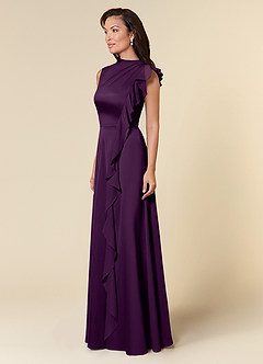 Azazie Narine Mother of the Bride Dresses Grape A-Line High Neckline Pleated Stretch Satin Dress image2