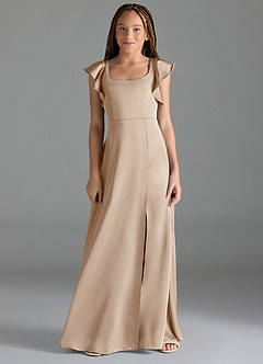 Azazie Bondi Junior Taupe A-Line Side Slit Stretch Satin Dress image1
