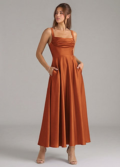 Azazie Shaude Bridesmaid Dresses Cinnamon A-Line Pleated Stretch Satin Dress image3