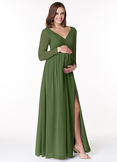 Azazie Teton Maternity Bridesmaid Dresses A-Line Long Sleeve Chiffon Floor-Length Dress image4