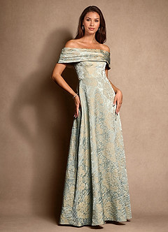 Azazie New Britain Essayer des robes à la maison Robe Trapèze en Jacquard Plissée Bleu Vintage image2