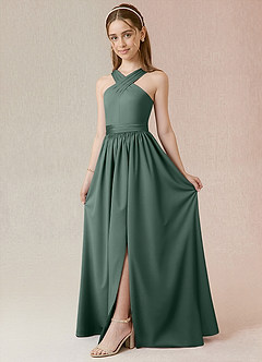 Azazie Jiya Junior Eucalyptus A-Line Pleated Stretch Satin Dress image1