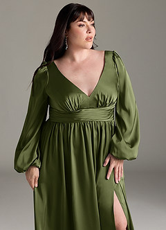 Azazie Norah Bridesmaid Dresses Olive A-Line Stretch Satin Dress image12