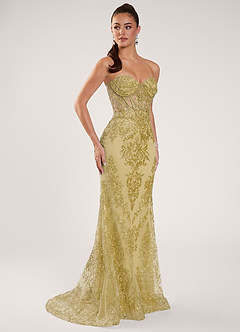 Zeoga Yellow Strapless Sequin Beaded Mesh Mermaid Dress image4
