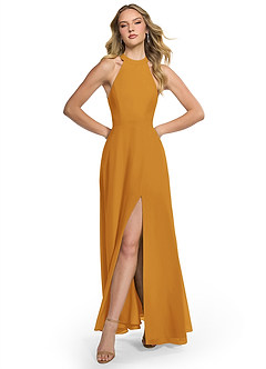 Azazie Clarice Abiti da Damigella Abito A-Line in Chiffon con Scollo Halter Caramello image1