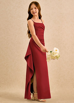 Azazie Cannoli Girls Formal Blumenmädchenkleider A-Linie Plissee Stretch-Satin Kleid Granatapfelrot image5