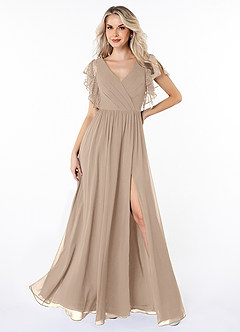 Azazie Zella Robes de demoiselle d'honneur Robe Trapèze en Mousseline de soie Dentelle Taupe image7
