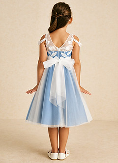 Azazie Sunnie Robe Demoiselle D'honneur Fillette Robe Trapèze en Tulle Dentelle Geai Bleu image3