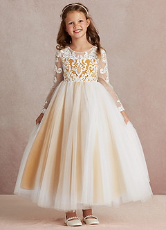 Azazie Elodie Robe Demoiselle D'honneur Fillette Robe Princesse en Dentelle Ivoire Caramel Au Beurre image3