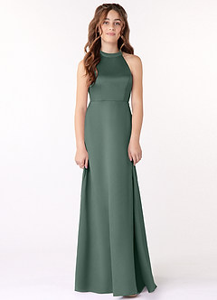 Azazie Laurel Junior Sea Moss A-Line Stretch Satin Dress image1