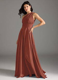 Azazie Charlize Bridesmaid Dresses Auburn A-Line One Shoulder Stretch Satin Dress image4