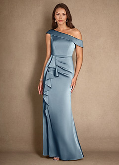 Azazie Hamptons Mother of the Bride Dresses Dusty Blue A-Line Pleated Stretch Satin Dress image4