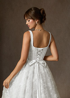 Azazie Geneva At-home Try On Dresses Diamond White Ball-Gown Square Neckline Lace Dress image7