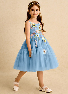 Azazie Osea Flower Girl Dresses Steel Blue Ball-Gown Pleated Tulle Dress image5