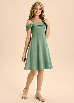 Azazie Anselie Junior Vestido de Matcha de Satén Elástico de Corte en A con Plisado image6