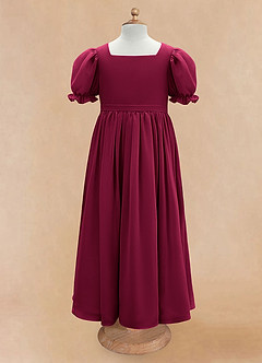 Azazie Joss Flower Girl Dresses Burgundy A-Line with Sleeves Chiffon Dress image5